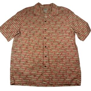 LL Bean Mens Large Cotton Button Up Shirt Short Sleeve Geometric Red Tan 300229